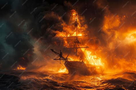 Premium Photo | Burning Ship in the Midst of Naval Warfare A Captivating Image of Chaos and ...