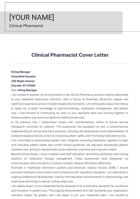 Free Clinical Pharmacist Cover Letter Template to Edit Online