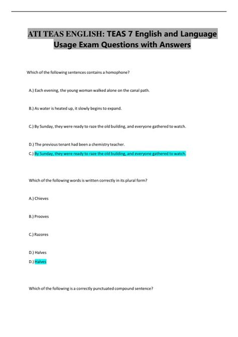ATI TEAS ENGLISH: TEAS 7 English and Language Usage Exam Questions with ...