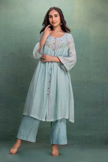 Buy Blue Chanderi Embroidery Round Neck Machine Kurta Set For Women by ...