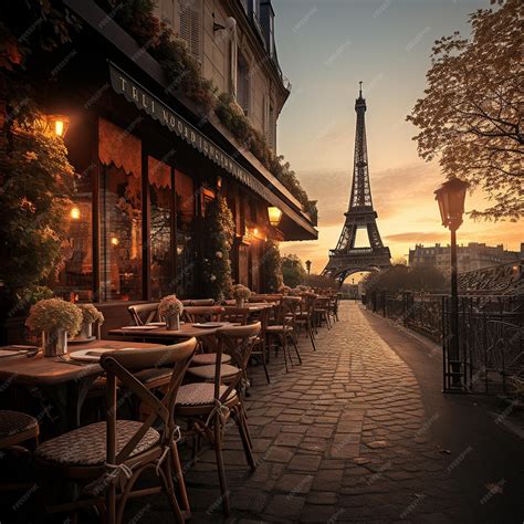 Premium Photo | Terrace of cafe in paris evening eiffel tower