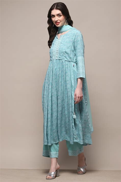 Turquoise Rayon Gathered Suit Set at Biba India