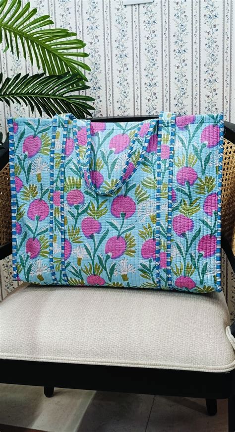 Handblock Printed Quilted Tote Bag without zip/button 17x18x 6 inches ...