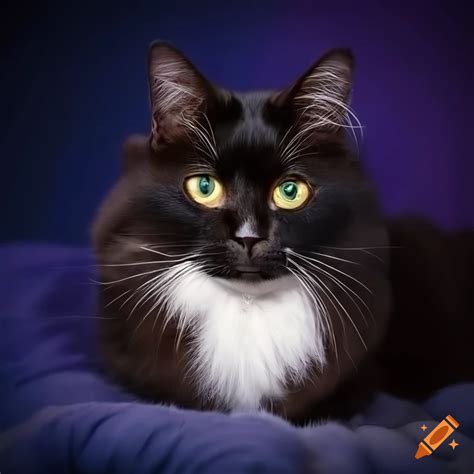 A cute long-haired black tuxedo cat white whiskers black nose white ...