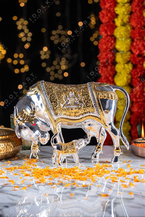 Gold Silver Coated Vastu Kamadhenu cow Idol with Calf