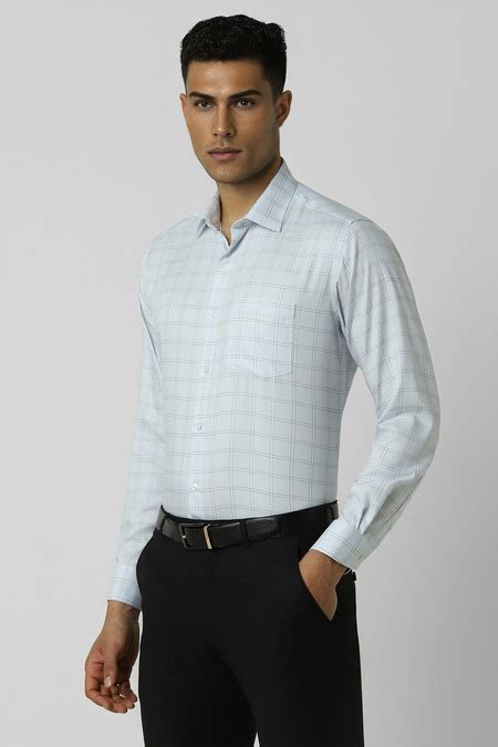 Light Blue Checked Formal Full Sleeves Shirt Collar Men Regular Fit ...