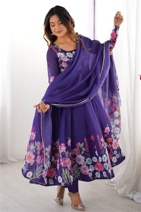 Shop for Purple Readymade Printed Organza Anarkali Suit Online | Saree ...