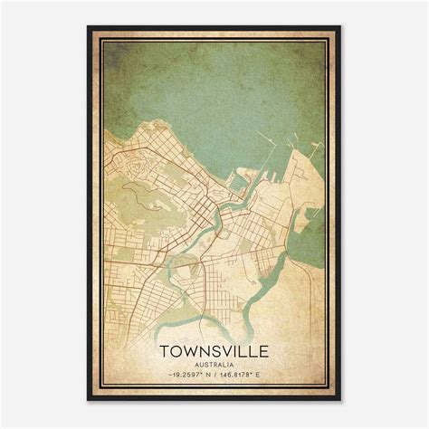 Vintage Townsville Australia Map Poster, Townsville City Road Wall Art Print - Custom Maps & Posters