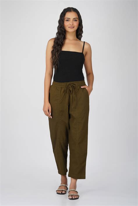 Olive Cotton Baggy Pant for Women - SPARSA India