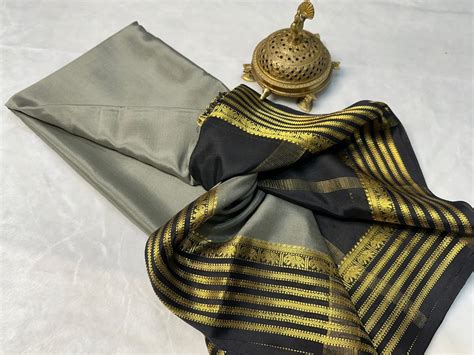 Grey Semi Mysore Silk Saree with Black & Gold Zari Border and Blouse