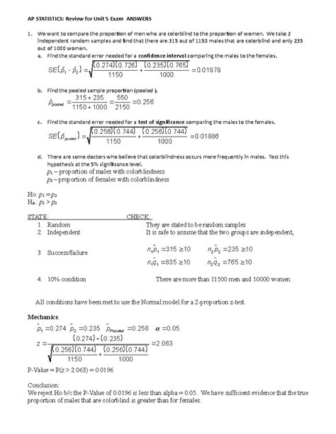 Unit 5 Exam Review Answers 4 - AP STATISTICS: Review for Unit 5 Exam ...