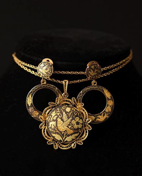 Vintage Spanish Damascene Pendant Necklace and Drop Clip-on Earring Set ...