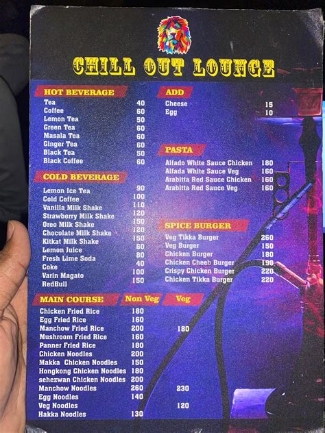 Menu at Chill out lounge, Bengaluru