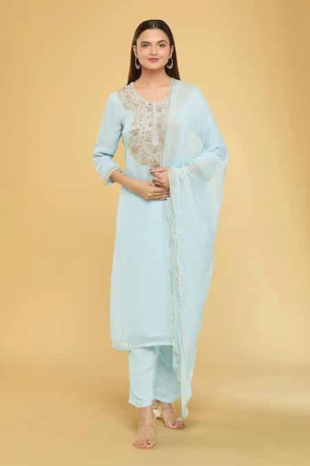 Buy Sky Blue Kurta Georgette Embroidery Dori Round And Pant Set For ...