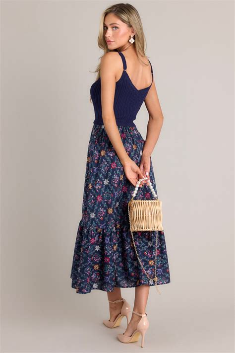 Navy Floral Print Sweater Maxi Dress - All Dresses | Red Dress