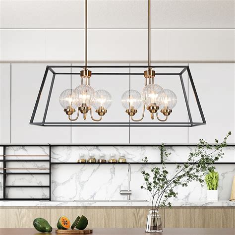 ZEVNI 6-Light Matte Black/Brass Gold Rectangle Transitional Ribbed ...