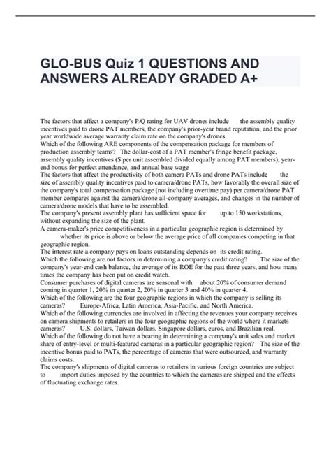 GLO-BUS Quiz 1 QUESTIONS AND ANSWERS ALREADY GRADED A+ - GLO-BUS ...