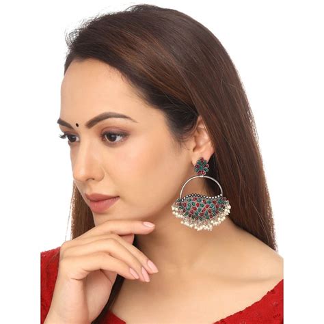 Buy Yellow Chimes Silver Toned Floral Shaped Stone and Pearl Studded ...