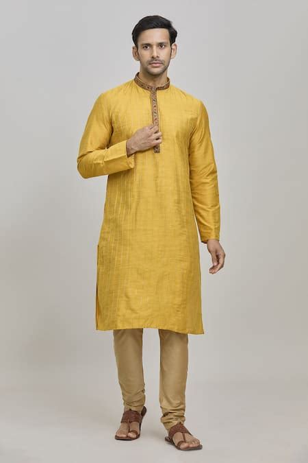 Buy Yellow Silk, Polyester Embroidery Stitchline Threadwork Kurta Set ...