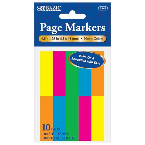 BAZIC 100 Ct. 0.5 X 1.75 Inches Neon Page Marker, 10 Pack (5143-144 ...