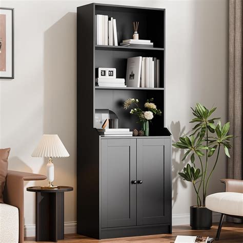 75" Tall Book Shelf and Bookcase with 2 Doors, Large 5-Tier Freestanding Bookshelf with 15.7 ...