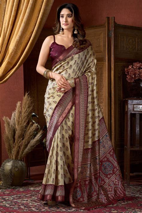 Cream Pure Cluster Silk Ajarkh Digital Printed Saree – Anant Exports