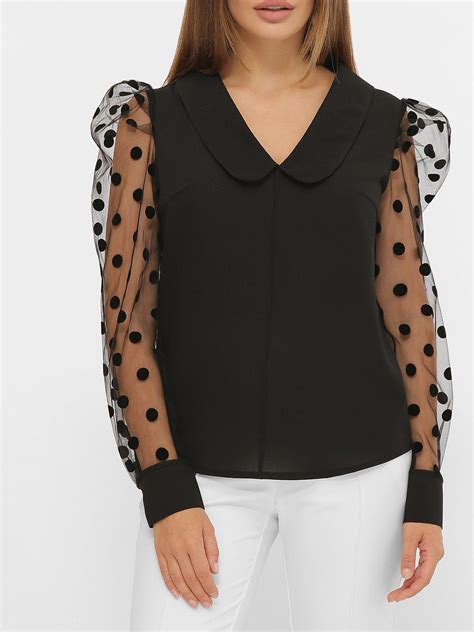 Shawl Collar Polka Dots Elegant Long Sleeve Top Black-S | Blouses for ...