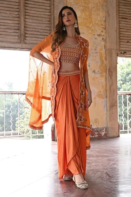 Buy Orange Organza, Chanderi, Satin Embroidery Round Ditsy Cape And ...