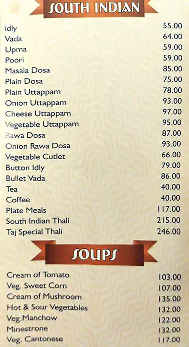 Menu at Taj Mahal Hotel, Secunderabad, Patny Centre
