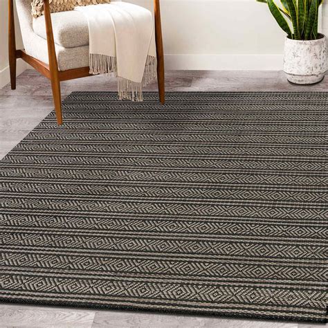 (B722) Honeybloom Kelly Charcoal Grey Flatweave Area Rug, 5x7