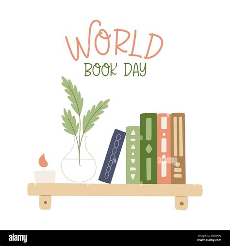 World book day greeting card. Hardcover books, vase and candle standing ...
