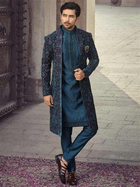 Teal Green Embroidered Jacketed Indo Western Sherwani,mens Wedding Sherwani,mens Indowestern ...