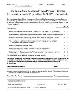 Tdap Consent Form 2019 - Fill and Sign Printable Template Online