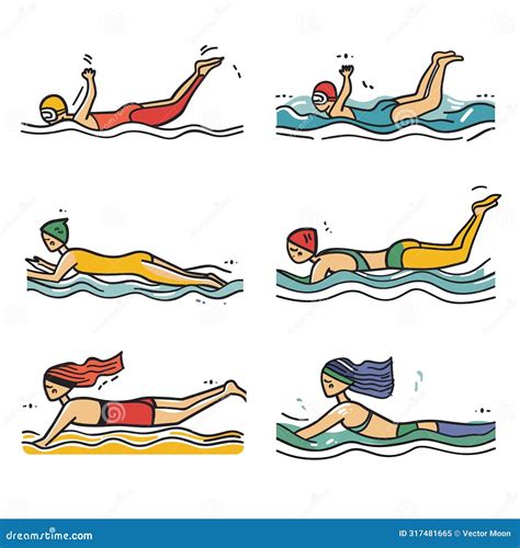 Swimmers Cartoon Performing Different Swimming Styles. Female Swimmers ...
