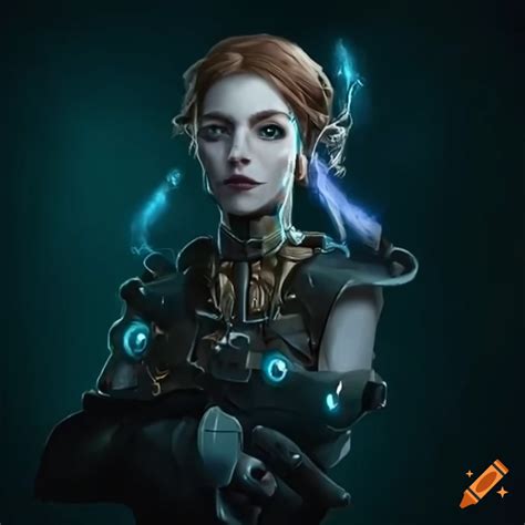 Undercity of zaun with a person and a magic-based prosthetic arm on Craiyon