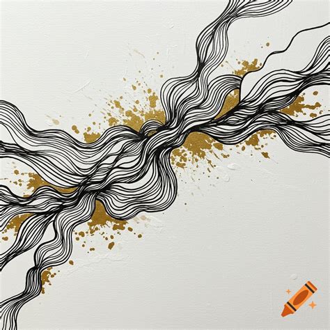 Abstract line art painting with black wavy lines and gold paint ...