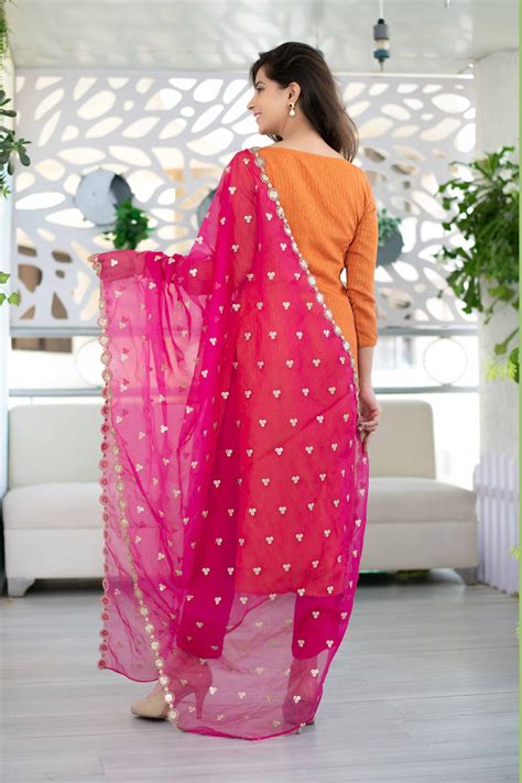 Orange And Pink Chanderi Kurta Suit Set With Organza Dupatta