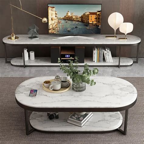 Modern 2-Tiered Marble Coffee Table Black & White with Shelf Metal Fra ...