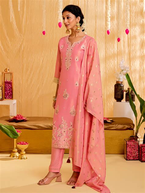 Shop Pink Floral Zardozi Work Kurta Set With Dupatta - Jaipur Kurti