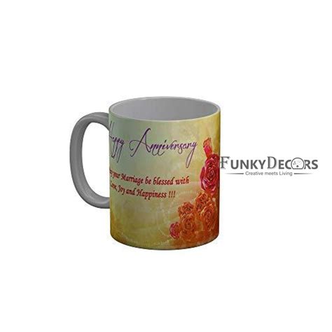 FunkyDecors Happy Anniversary Ceramic Mug, 350 ML, Multicolor
