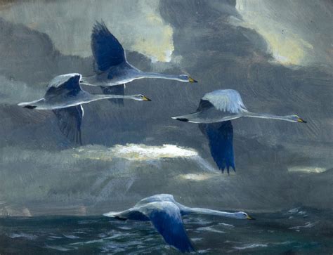 Bonhams : Sir Peter Scott (British, 1909-1989) Four swans flying in the twilight