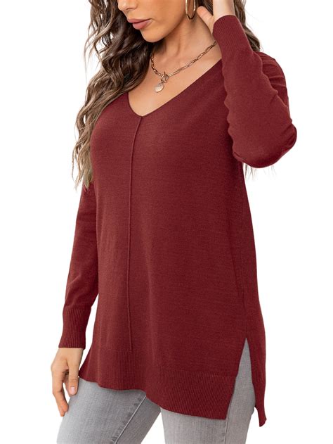 CALIPESSA Womens Red Knit Long Sleeve Soft V Neck Solid Side Split ...