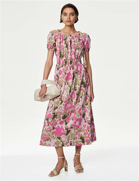 Buy Pure Cotton Floral Midi Waisted Dress at Marks & Spencer