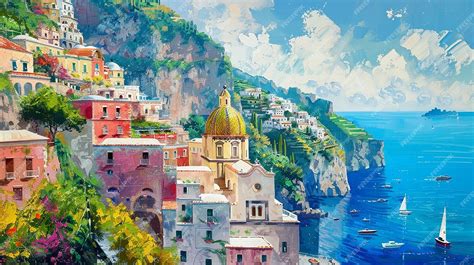 Premium Photo | Amalfi Coast Oil Painting Sunny Impressionist Style