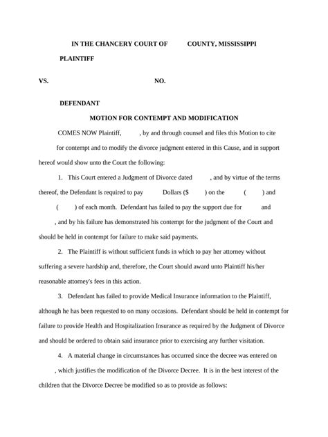 Motion for Contempt and Modification - Blank Fillable Template | Fill ...
