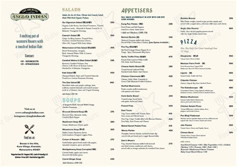 Menu at Anglo Indian Cafe, Lonavala