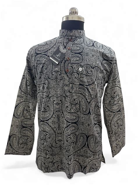 Black & Grey Paisley Art Printed Full Sleeves Short Kurta for Men ...