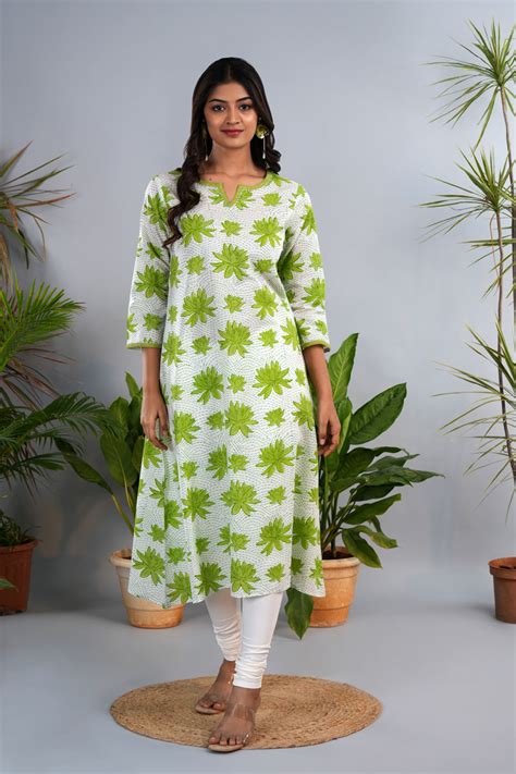 Leaf green Sanganeri block printed kurta – Kalanjali