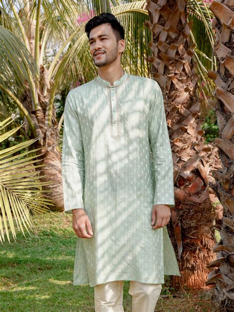 Shop Pista Green Banarasi Long Mandarin Collar Kurta for Men