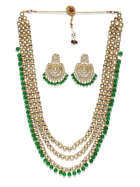 Buy Zaveri Pearls Kundan & Dangling Green Beads Multi Layered Jewellery ...